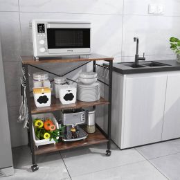 Modern Industrial Black Metal Brown Wood Kitchen Baker's Rack Microwave Cart